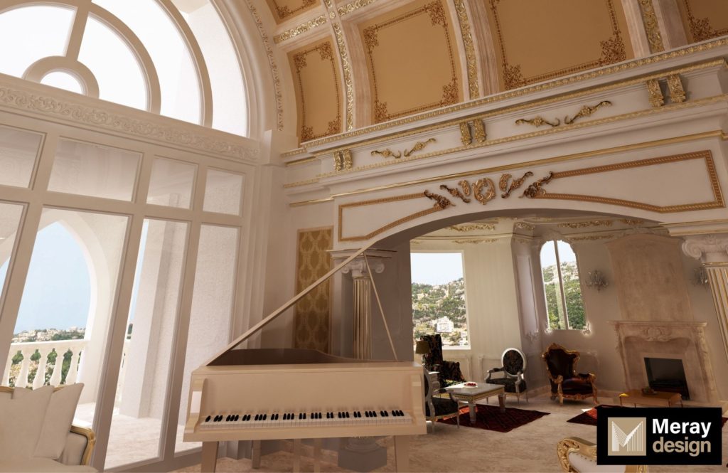 Double height vault with White Grand Piano